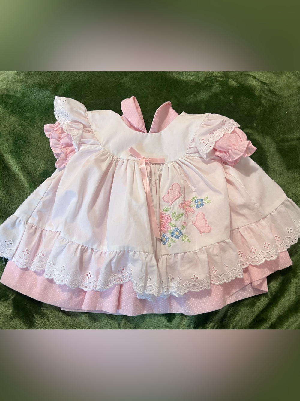 Vintage Pink Eyelet Ruffle Baby Dress with Butterfly Embroidery